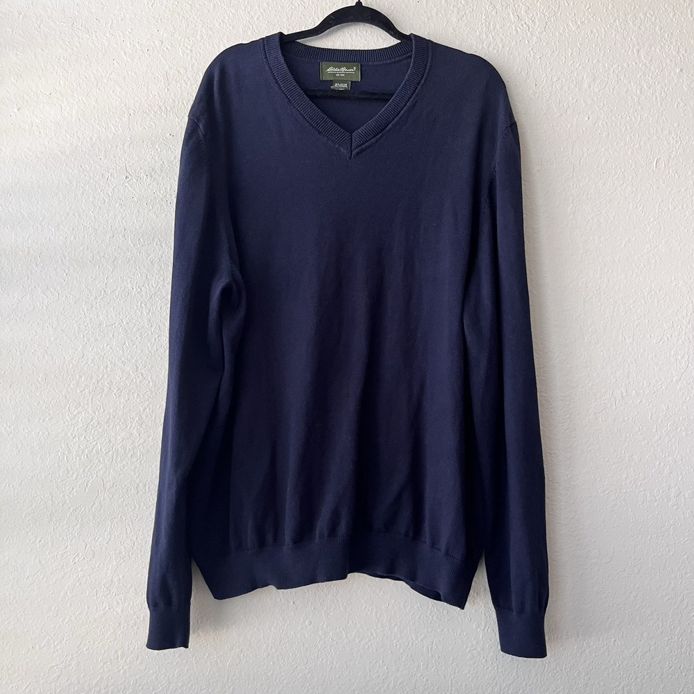 Eddie Bower Men's Pullover Cotton Cashmere Blend Blue VNeck Sweater Size XL Tall